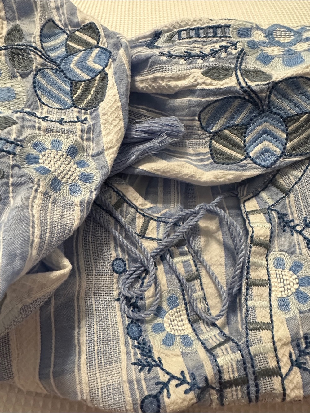 Solitaire Embroidered Blue & White Striped Peasant Top - Picture 3 of 4